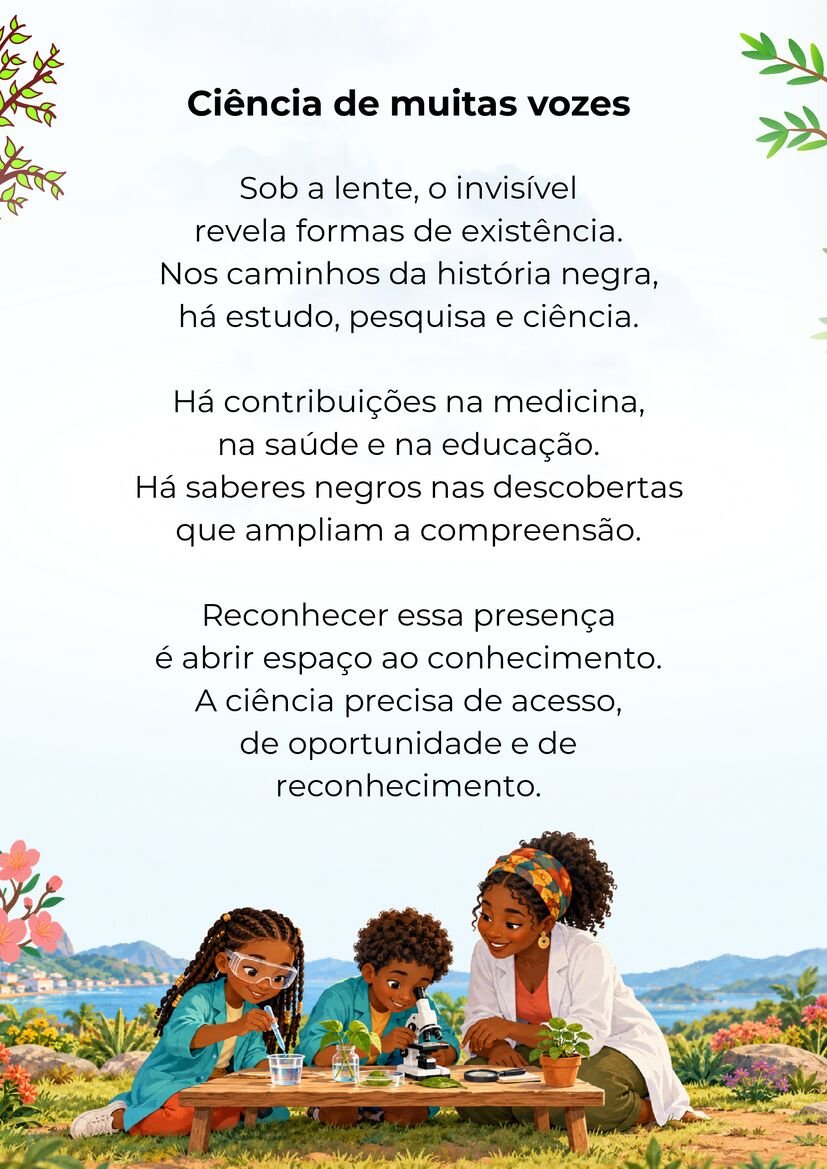 Poema Ciência de muitas vozes, com uma mulher e duas crianças negras usando microscópio e materiais de experiências.